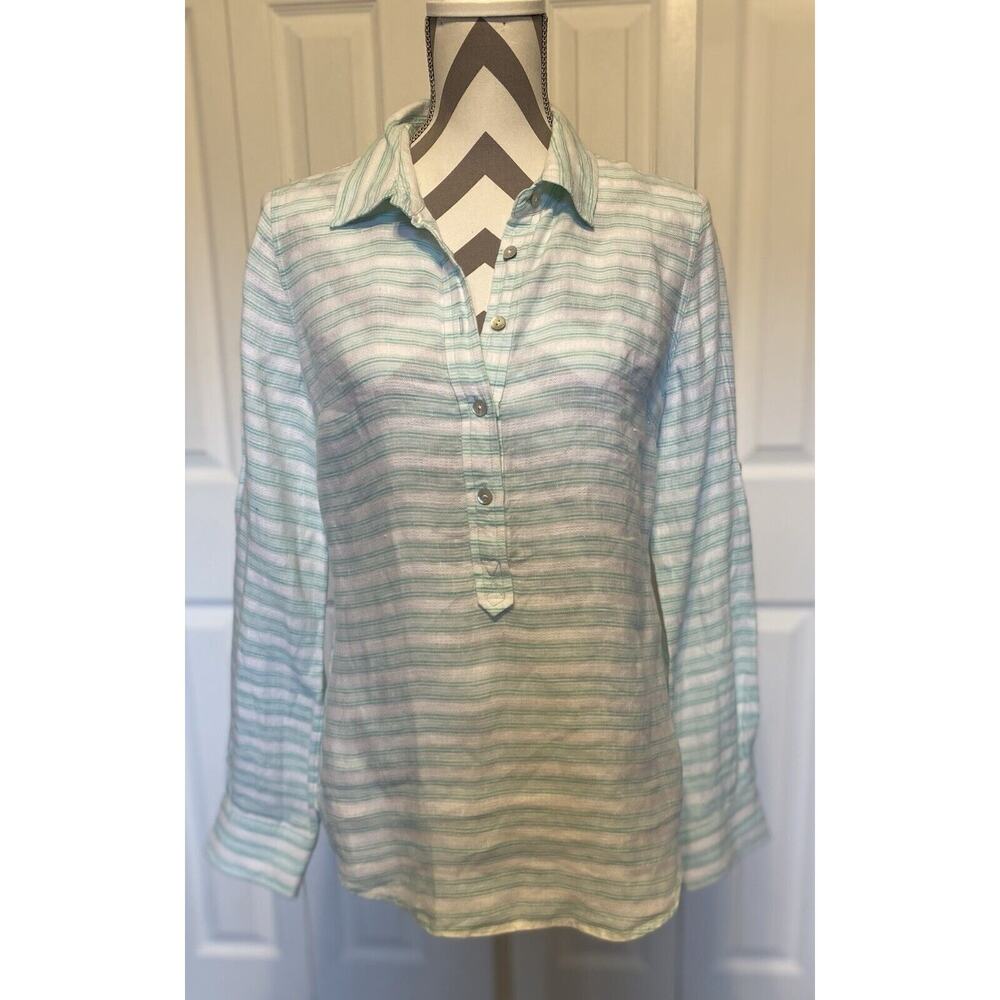 Vineyard Vines Shirt Womens 6 White Seafoam Green Stripes Linen Button Up Tunic